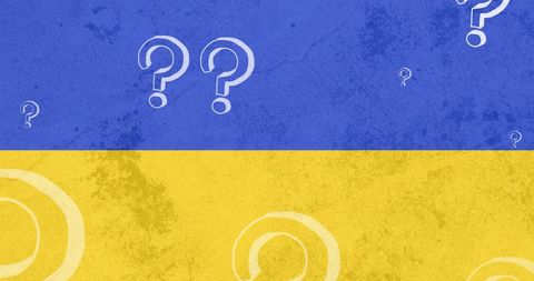 Question marks over ukraine flag representing uncertainty