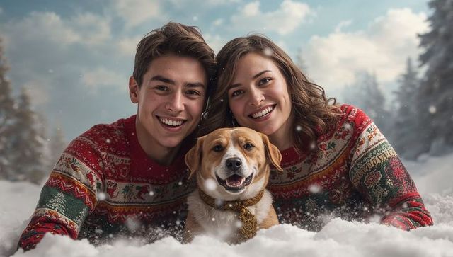 Smiling couple in festive sweaters embracing dog in snowy forest