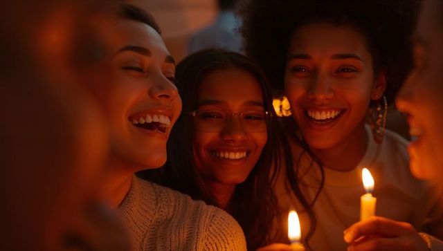 Friends Laughing and Holding Candles, Cozy Candlelight Gathering with Warm Knitwear
