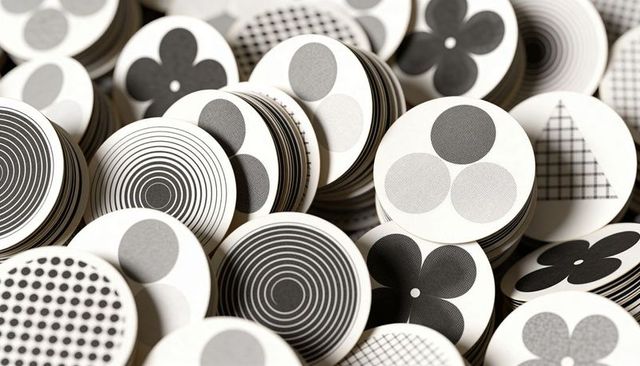 Monochrome circular tokens with halftone, concentric and floral motifs, stacked abstract