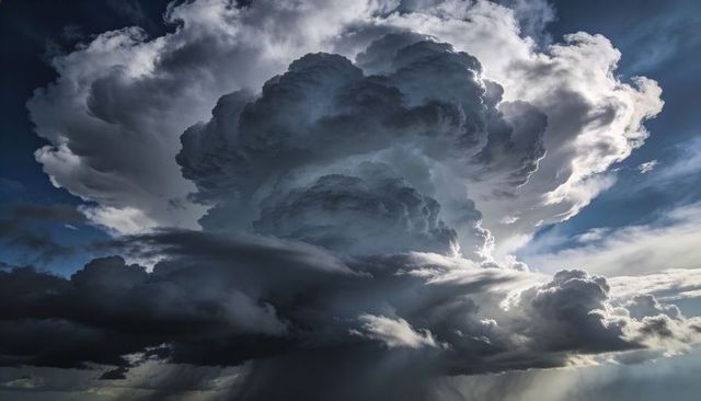 Towering cumulonimbus thunderstorm with backlit anvil and sunlit cauliflower turrets