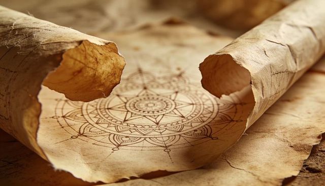 Antique parchment scroll revealing intricate mandala in sepia ink on rustic wood surface