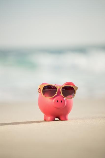 Pink piggy bank with stylish sunglasses standing on sandy beach near ocean waves. Symbolizes fun savings, relaxed financial planning, and summer vacation. Ideal for financial services marketing, summer travel promotions, and articles on holiday budgeting.