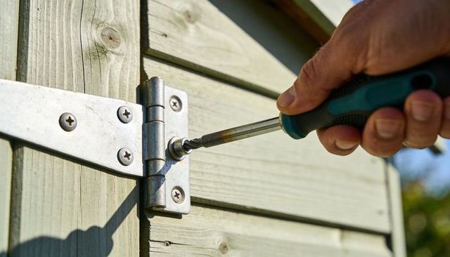 Right-hand tightening phillips screw on galvanized hinge of garden shed with green driver