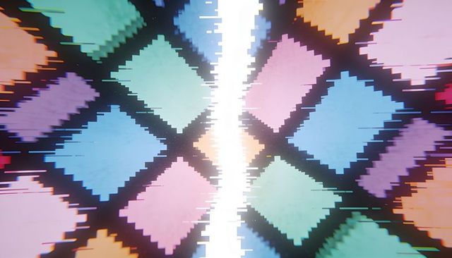 Glitching pastel pixel diamonds with vertical light seam and retro scanline distortion