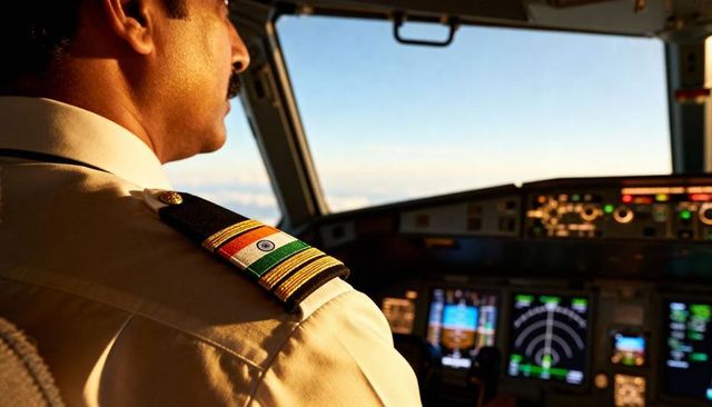 Sunlit Indian Pilot Monitoring Avionics and Instruments in Cockpit with Tricolor Epaulette