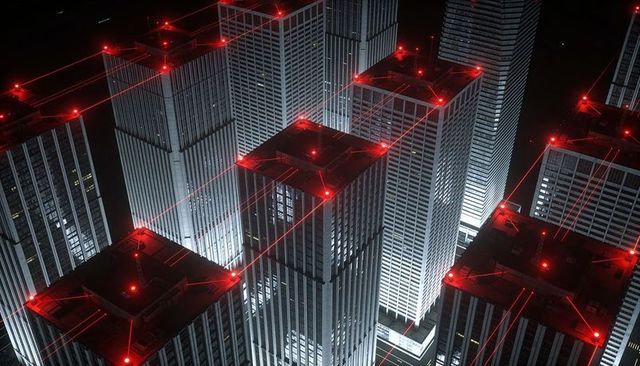 Glowing skyscrapers linking red beacon beams over futuristic night metropolis grid