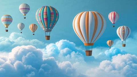 Colorful Hot Air Balloons Ascending Above Cumulus Clouds