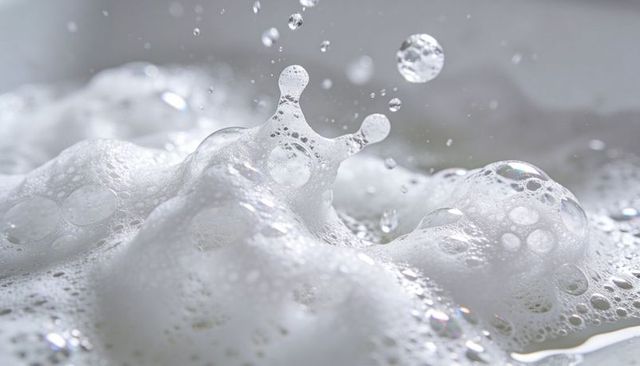 Rising macro soap foam crown with suspended droplets, iridescent bubbles and froth