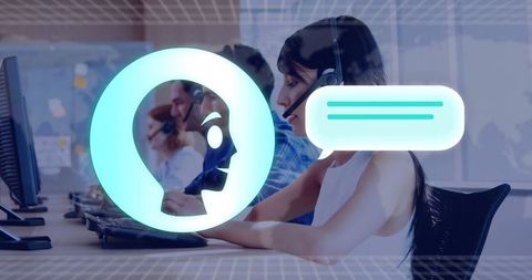 Focused Call Center Agent with Headset and Digital Chat Interface