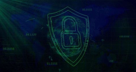 Neon Green Digital Shield with Padlock Over Globe Representing Cybersecurity Encryption