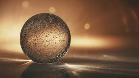 Slow-moving glass orb rolling on tabletop with amber bokeh, shimmering internal bubbles