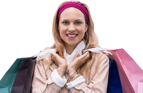 Smiling woman holding colorful shopping bags on transparent sale background