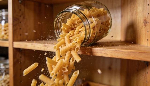 Spilling penne pasta from clear glass jar onto rustic wooden shelf, pantry storage scene
