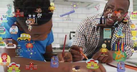 Father and son bonding through homework with educational icons