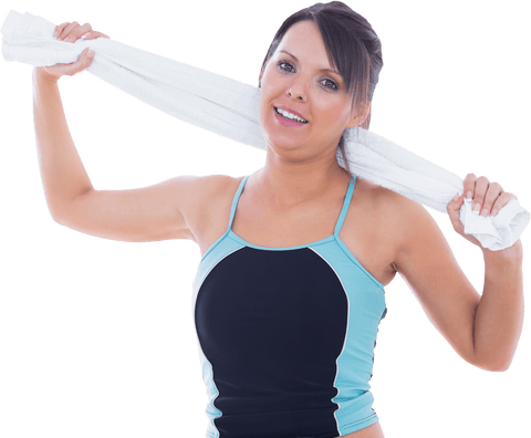 Smiling woman in sportswear with towel, transparent background