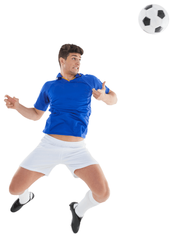 Athletic Footballer Jumping to Head Ball on Transparent Background