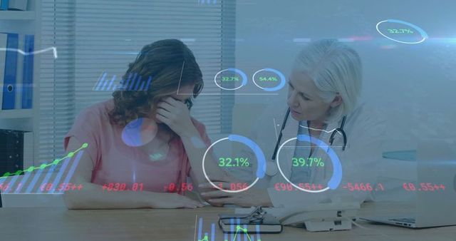 Doctor compassionately supporting patient with digital health tech overlays