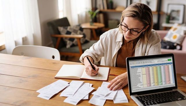 Woman budgeting at home sorting receipts and tracking expenses with laptop spreadsheet