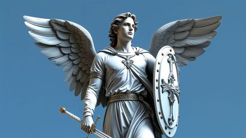 Majestic Winged Warrior Angel Statue Against Sky