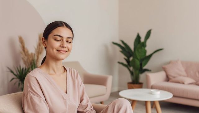 Asian woman relaxing in pale pink loungewear on minimalist living room sofa