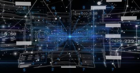 Converging Digital Tunnel Pulling Blue Data Core Through Floating Numeric Panels