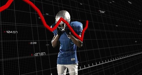 Football player adjusting helmet amid falling performance trend line and data grid