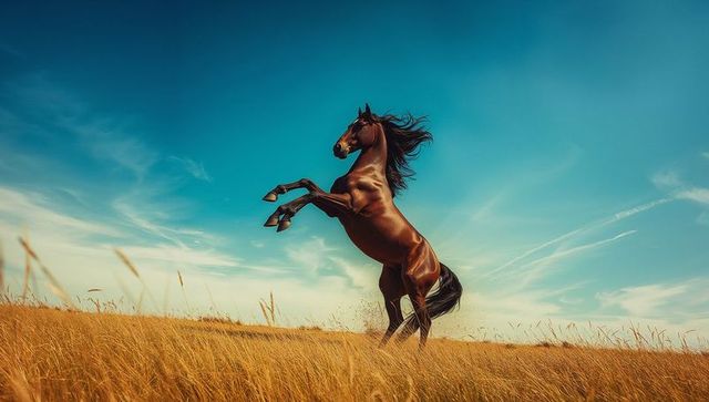 Majestic Rearing Brown Horse in Sunlit Open Grassland