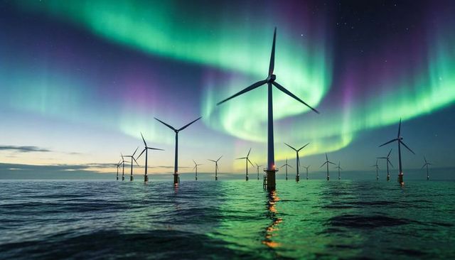 Aurora Borealis Over Offshore Wind Farm Night Ocean Reflections Navigation Lights