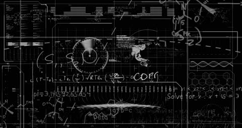 Data Processing with Mathematical Equations and Codes on Black Background