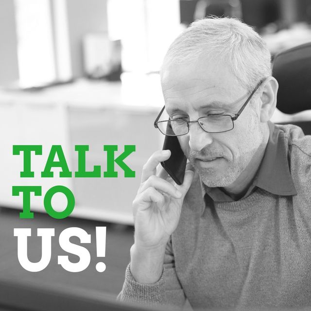 Composition of talk to us text and black and white photo of caucasian man talking on phone. Talk to us and communication concept.