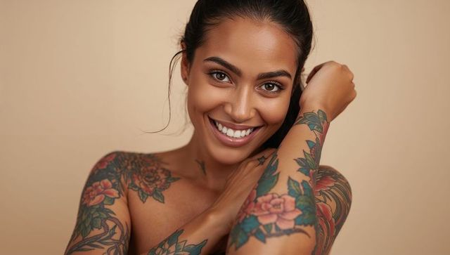 Confident smiling woman showing colorful floral sleeve tattoos close-up headshot
