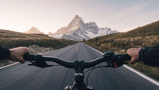 Cyclist riding toward snow-capped peak on open alpine road at sunrise
