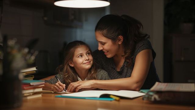 Mother helping daughter with homework at kitchen table under warm lamp light, evening study