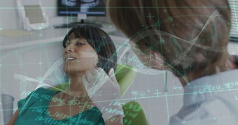 Dentist examining patient with dna tech overlay — modern dental care and genetics