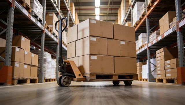 Manual pallet jack moving stacked cardboard boxes on pallet through warehouse aisle