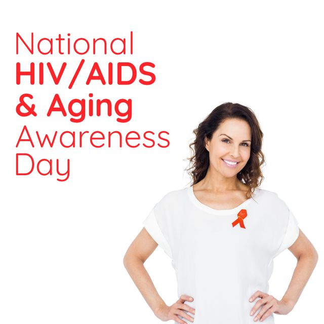 Portrait of caucasian mid adult woman with national hiv aids and aging awareness day text. Copy space, digital composite, hiv prevention, care and treatment for aging people, raise awareness.
