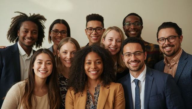 Diverse professional team smiling and posing for corporate group portrait in office