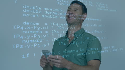 Man Engaged with Mobile Device Amid Virtual Data Interface