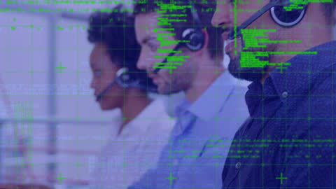 Customer Service Team with Data Overlay in High-Tech Environment