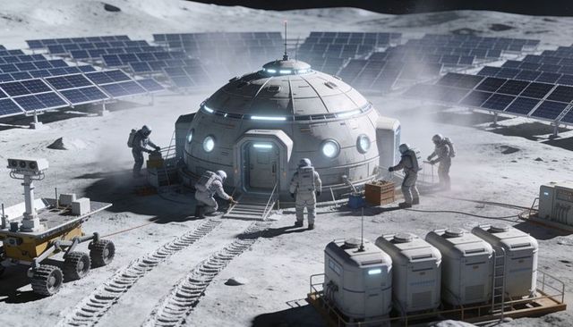 Lunar base crew unloading cargo at dome habitat with solar panels and rover, EVA astronauts