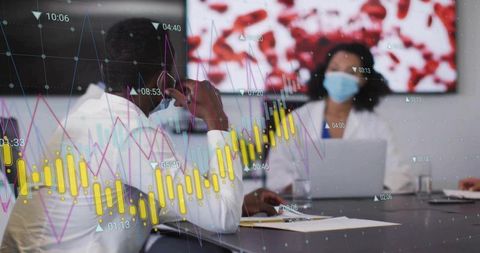 Black researcher and masked colleague analyzing clinical data and healthcare analytics
