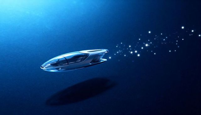 Futuristic submersible pod gliding deep blue water trailing bioluminescent particles, sleek design