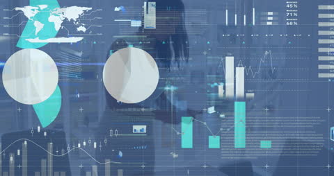 Financial Graphs and World Map Overlay in Digital Business Office