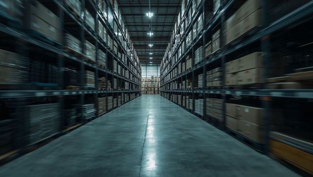 Vast Warehouse Aisle Filled with Boxed Goods on Shelves