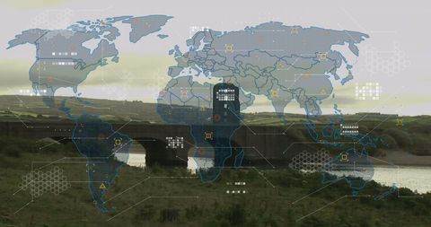 World Map With Abstract Digital Data Overlay and Scenic View