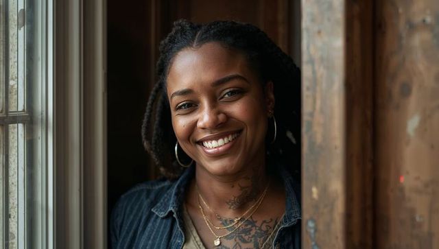 Smiling woman with locs in denim shirt and hoops by window showing floral chest tattoo