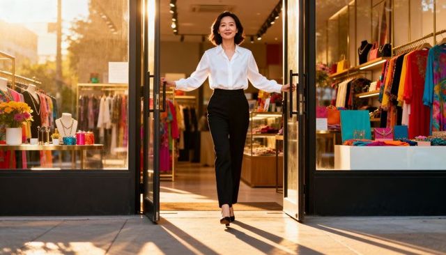 Boutique owner opening glass doors at golden hour walking confidently in white blouse