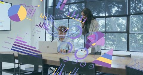 Business team collaborating with interactive data visualization overlays in boardroom