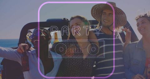 Friends Celebrating at Beach Party Under Summer Sun